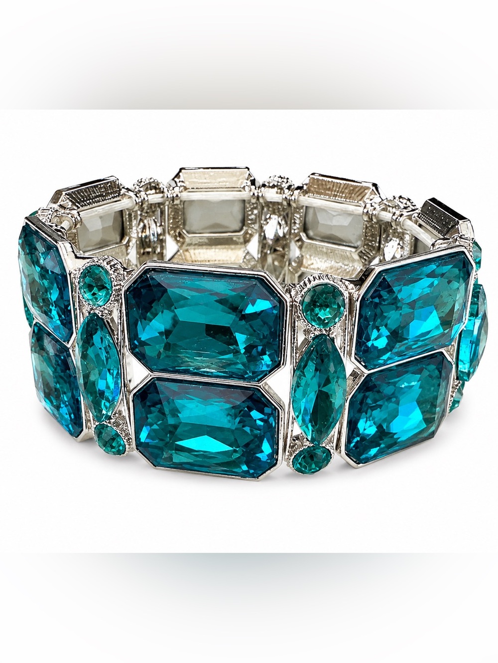 Teal Crystal Statement Bracelet - Women's Elegant Stretch Jewelry
